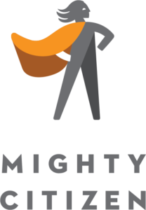 Logo with a grey silhouette of a person with an orange cape flowing behind them. the words "Mighty Citizen" at the bottom
