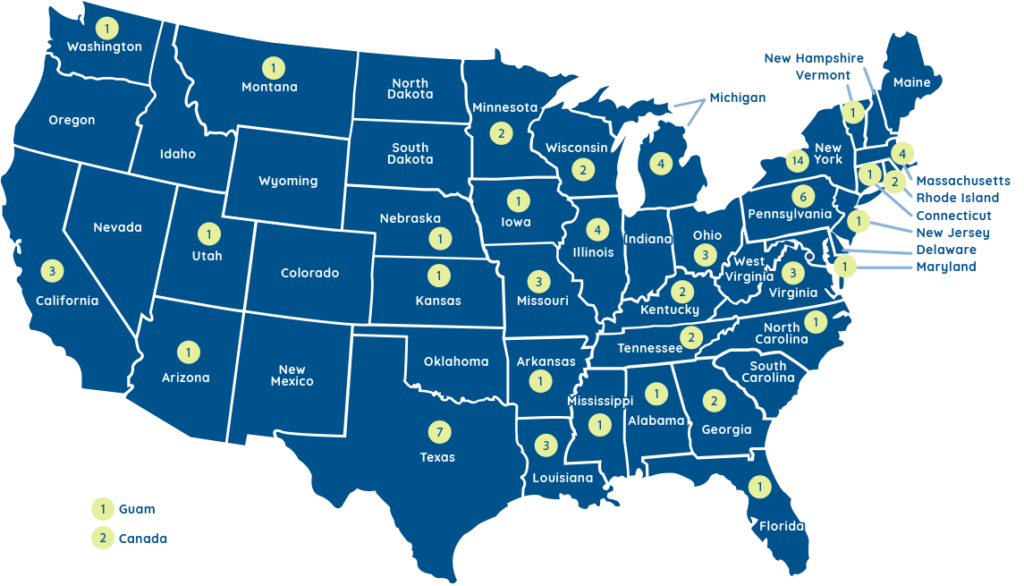 Illustration of the united states with bubbles for the institutional members represented in the corresponding state. This information is replicated in the list of the members below: