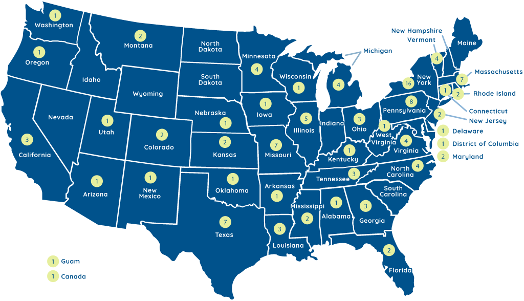 Illustration of the united states with bubbles for the institutional members represented in the corresponding state. This information is replicated in the list of the members below.